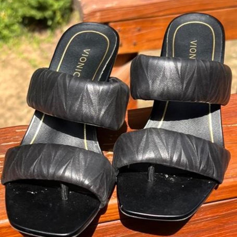 Vionic Emaline Womens 7.5 Black Leather Open Toe Mule Block Heel Sandals